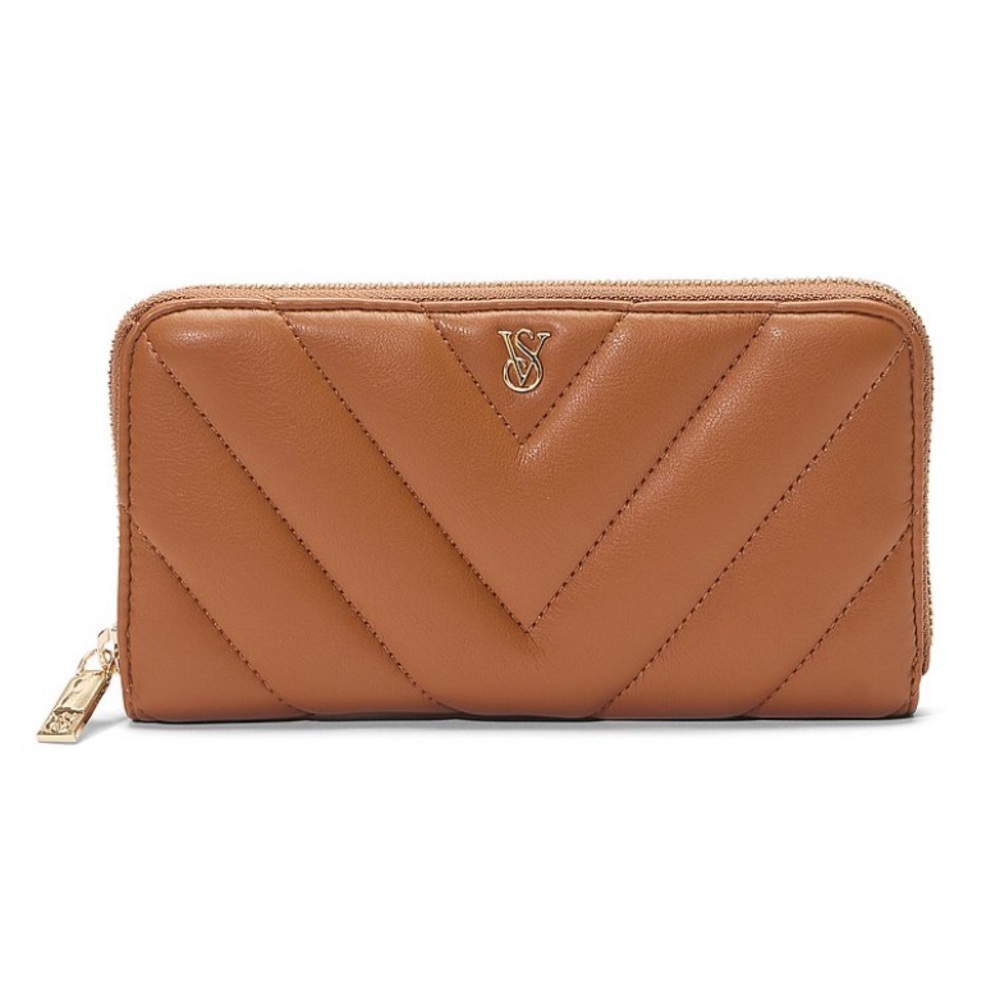 Victoria's Secret V-Quilted Large Zipper Wallet Tan Brown NWT